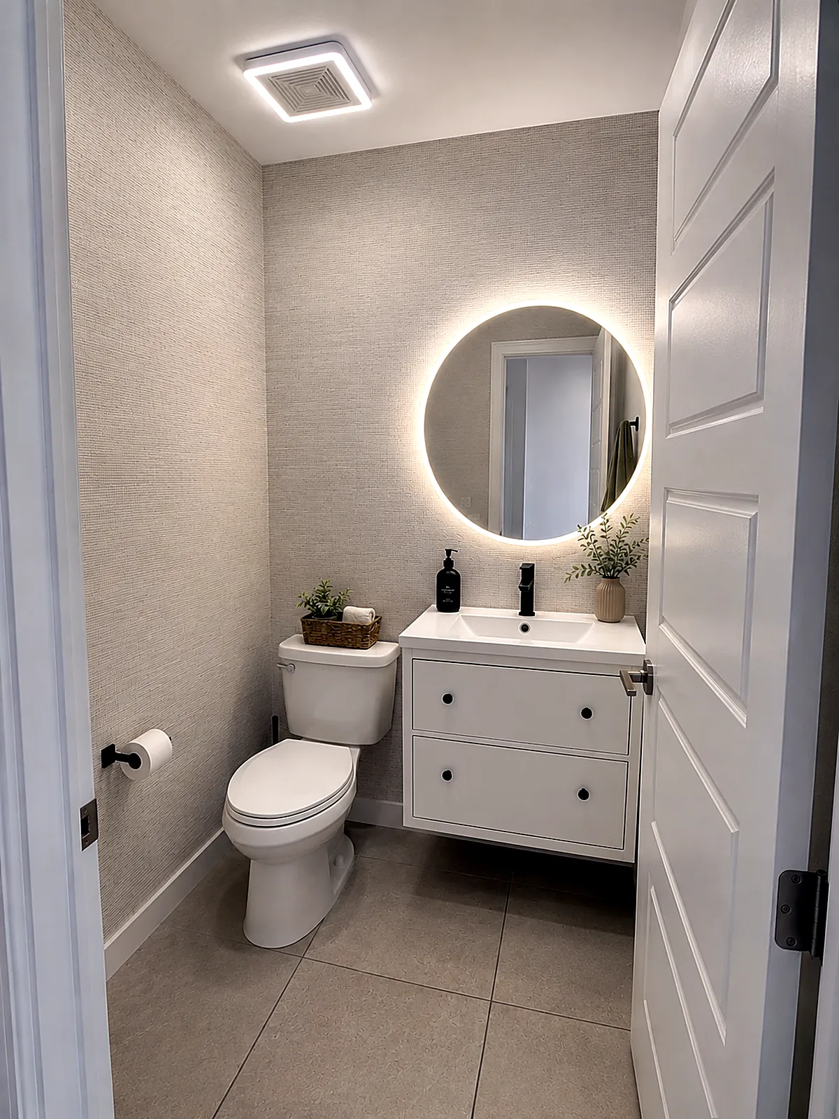 Medio baño renovado, con revestimiento texturado, vanitory flotante, espejo LED redondo y grifería negra en Aventura