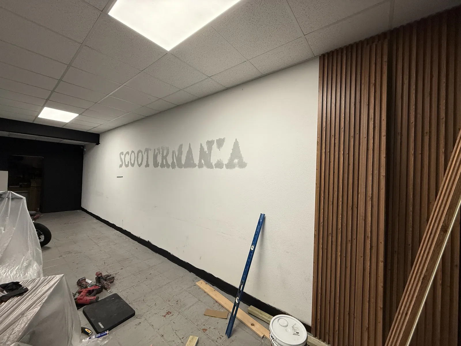 Wood slat wall panel installation in progress in Miami